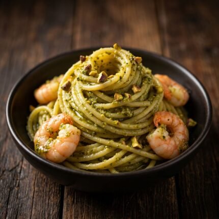 Spaghetto al Pesto di Pistaccio e Gamberi
